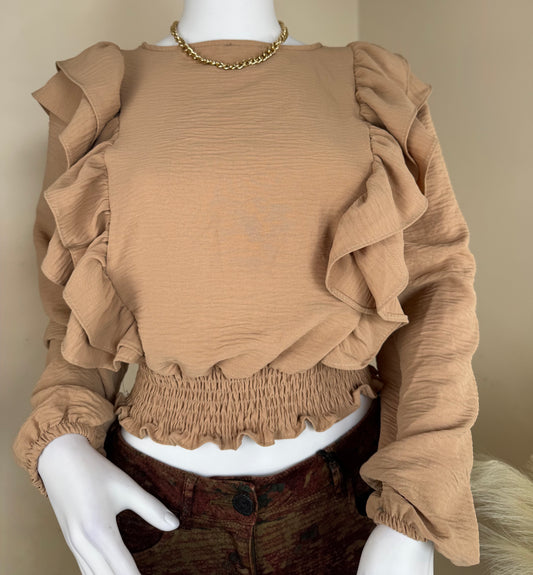 Women’s Ruffle Long Sleeve Blouse Beige | Elegant Preloved Top UK M/10