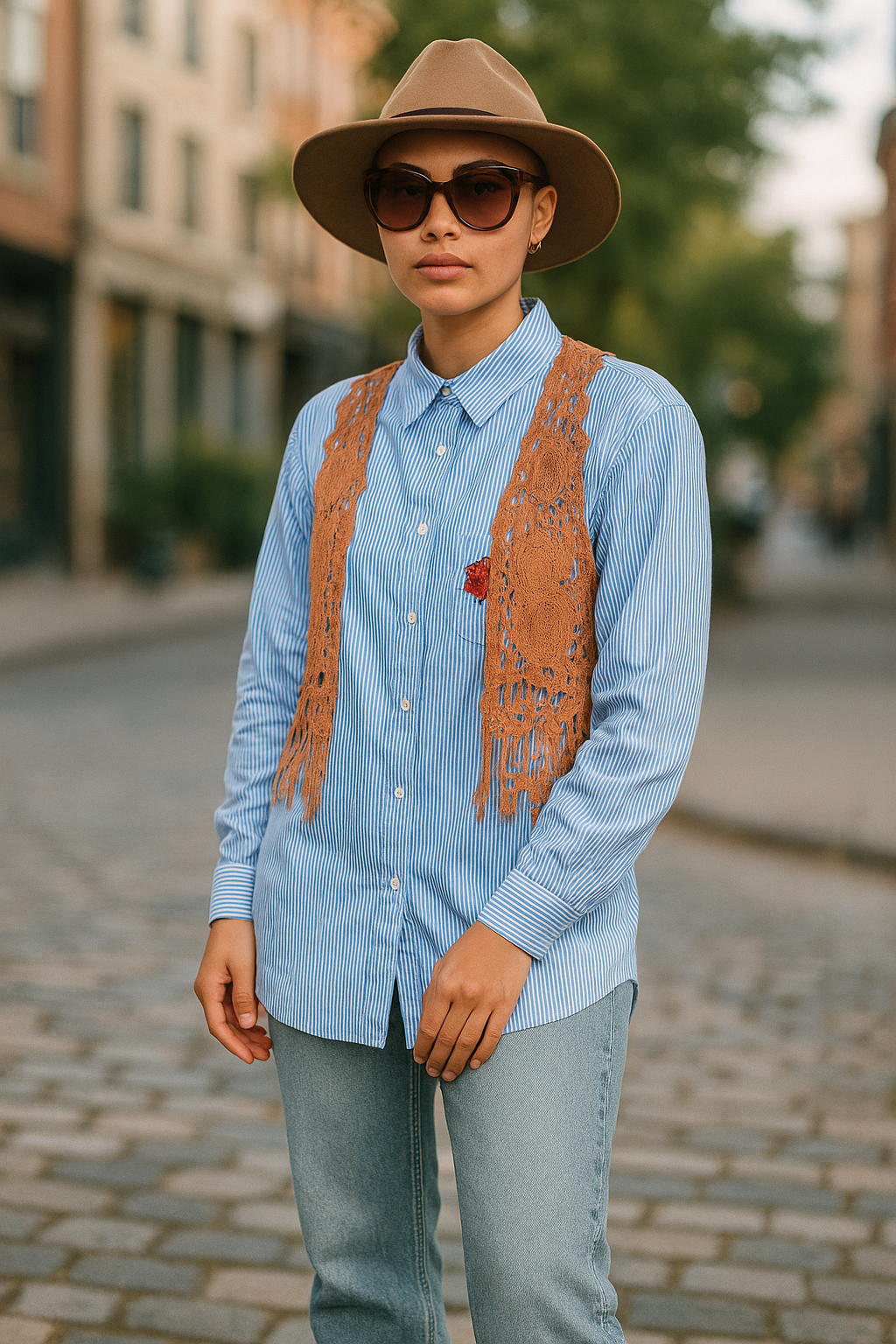Women’s Blue Striped Shirt with Red Floral Embroidery – Oversized Fit (UK 8)