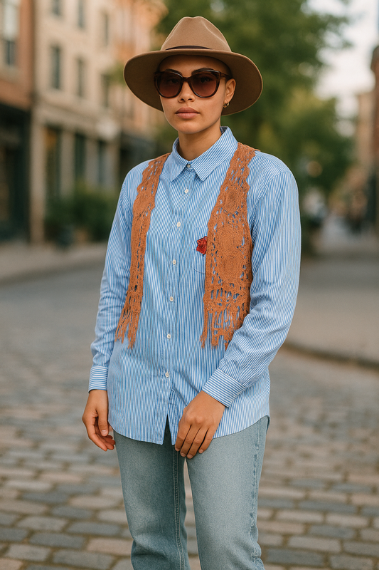 Women’s Blue Striped Shirt with Red Floral Embroidery – Oversized Fit (UK 8)