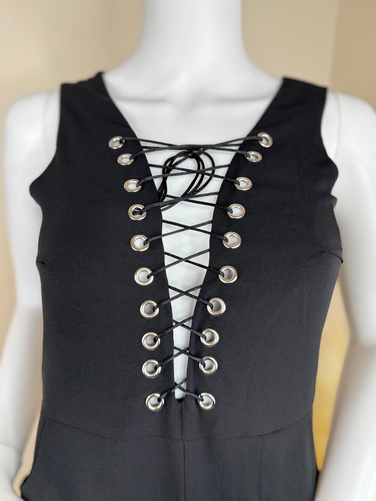 Women’s Lace-Up Front Jumpsuit – Black & Red – Sizes S/M