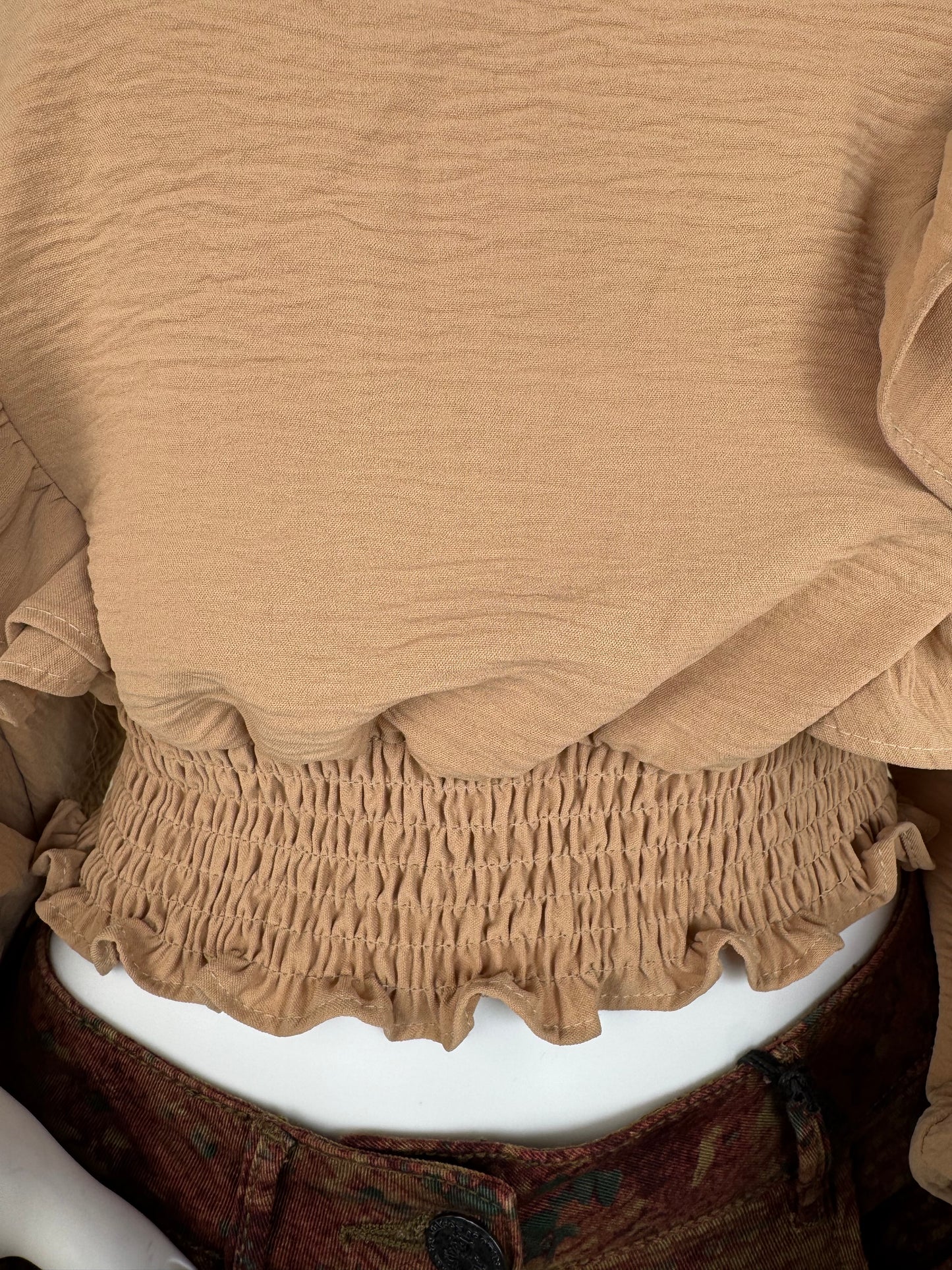 Women’s Ruffle Long Sleeve Blouse Beige | Elegant Preloved Top UK M/10