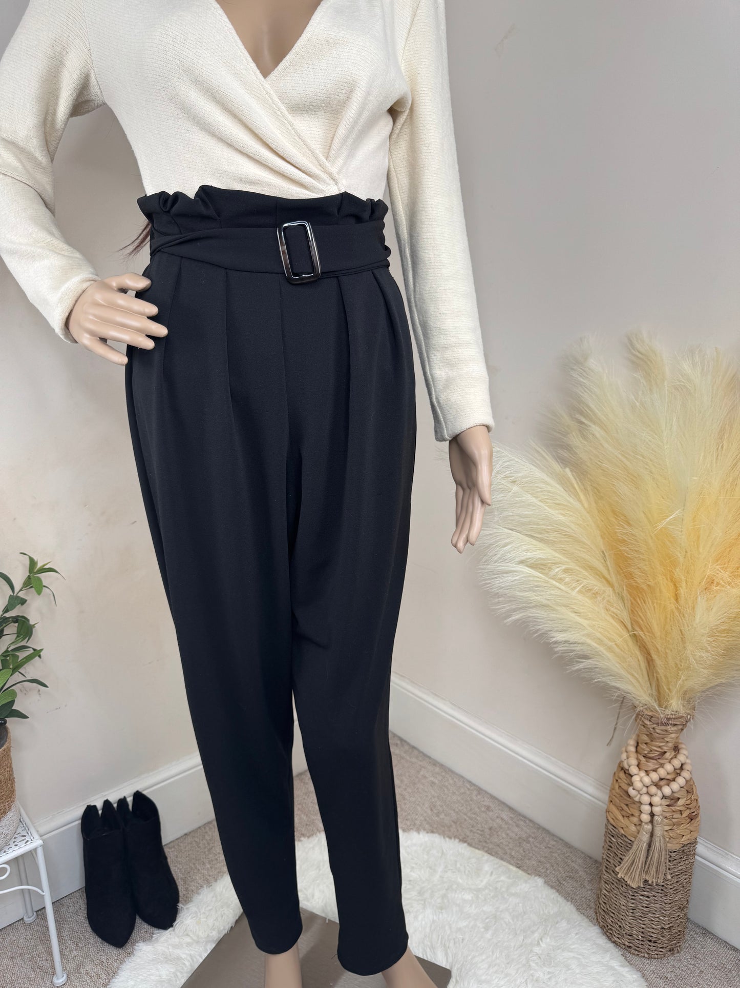 Women’s Black Paperbag Waist Trousers with Belt – Size UK 8