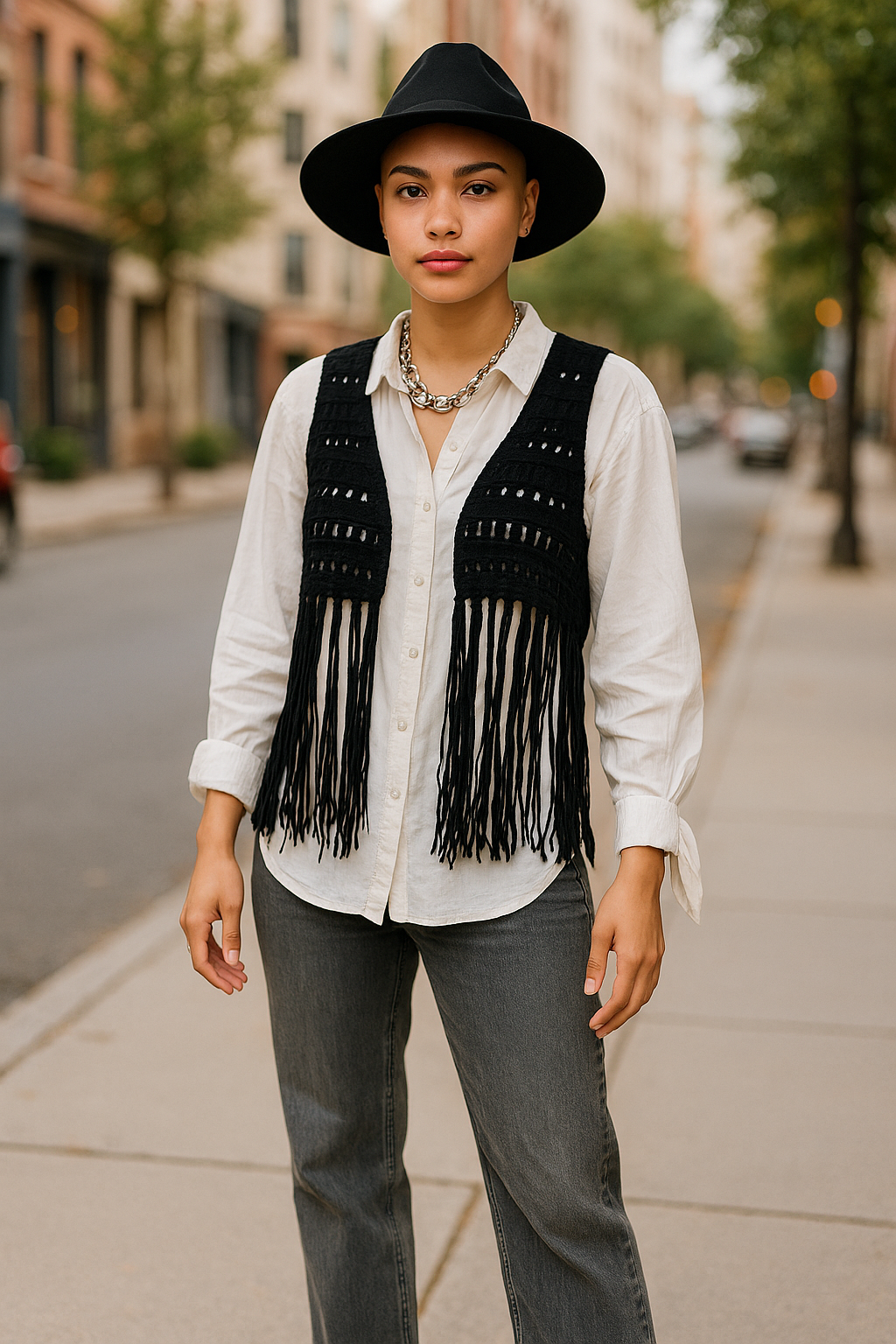 Women’s Black Crochet Boho Fringe Vest – Size M/10