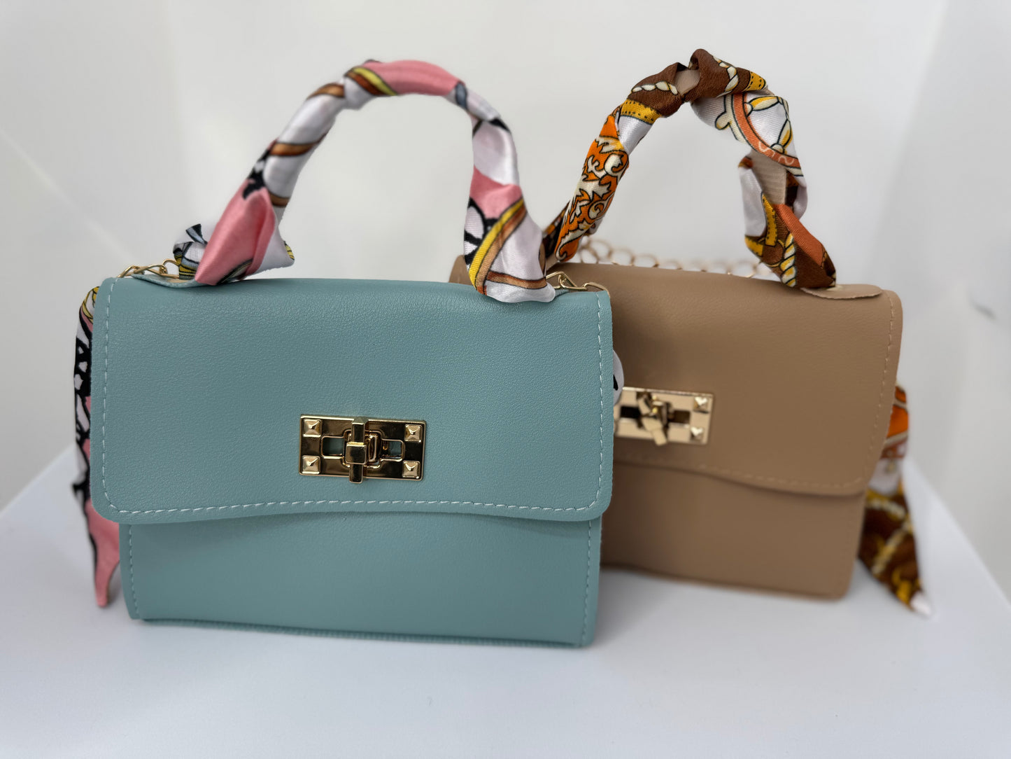 Small crossbody shoulder bag – beige or mint – everyday handbag with scarf strap
