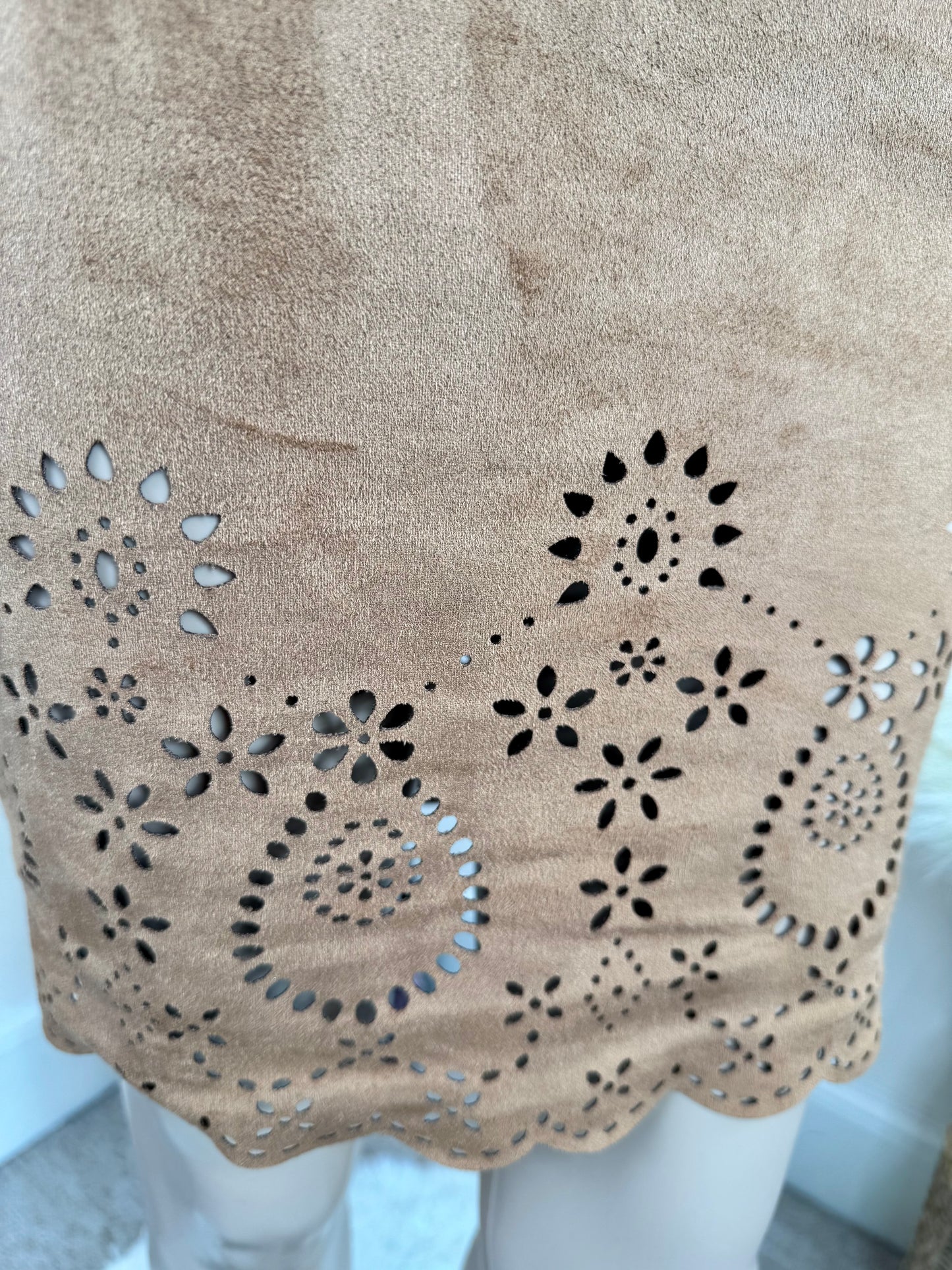 Women's Brown Suede Look Mini Dress – Laser Cut Long Sleeve Bodycon, Size S UK 8