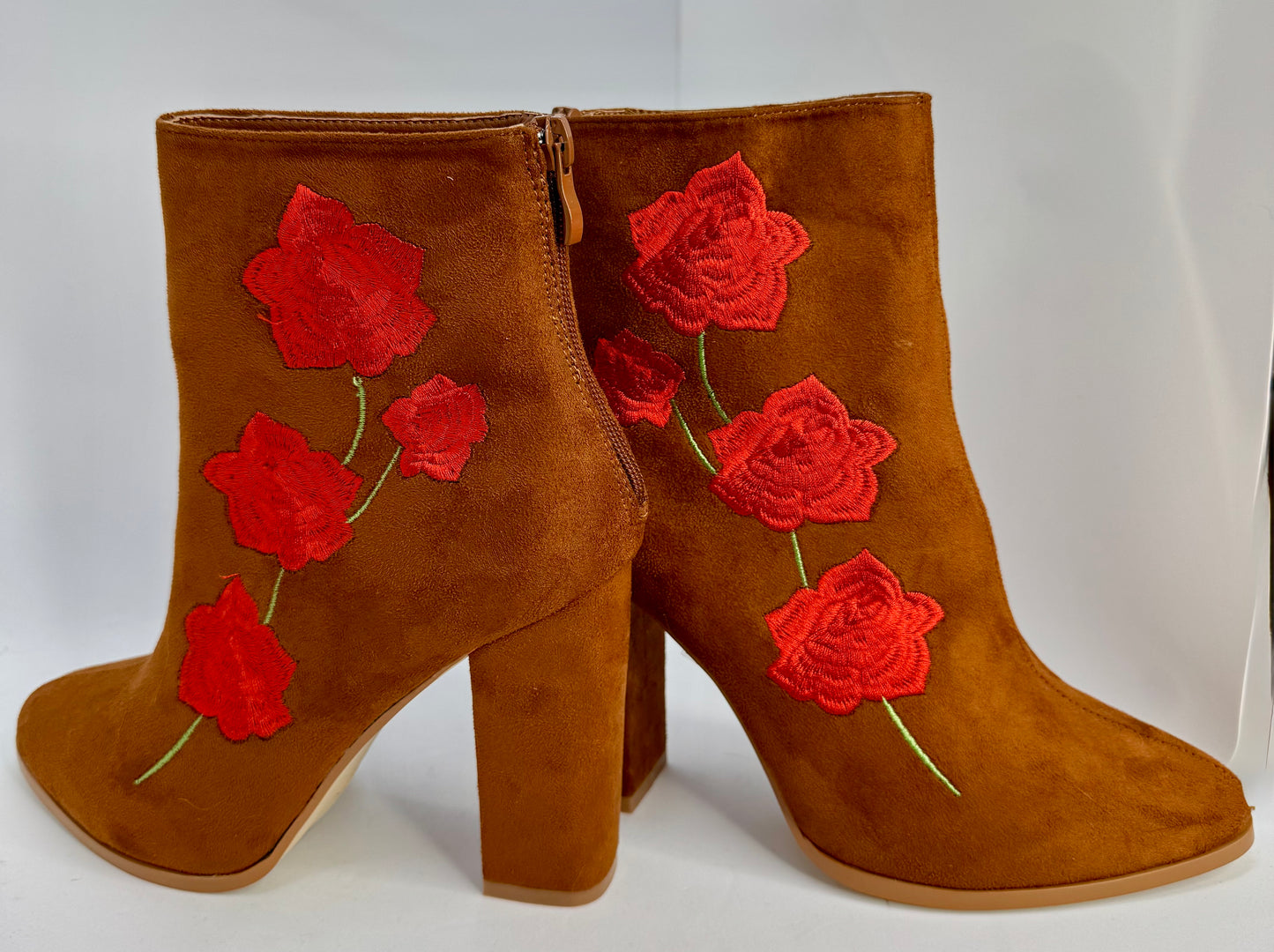Brown Block Heel Ankle Boots with Red Rose Embroidery – Size UK 6 / EU 39