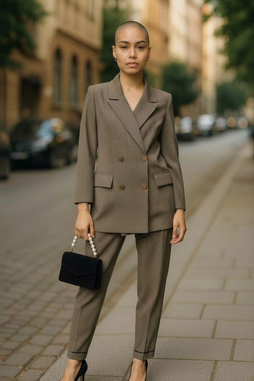 Women’s Checked Tailored Trouser Suit – Blazer & Trousers Set (UK Size 10)