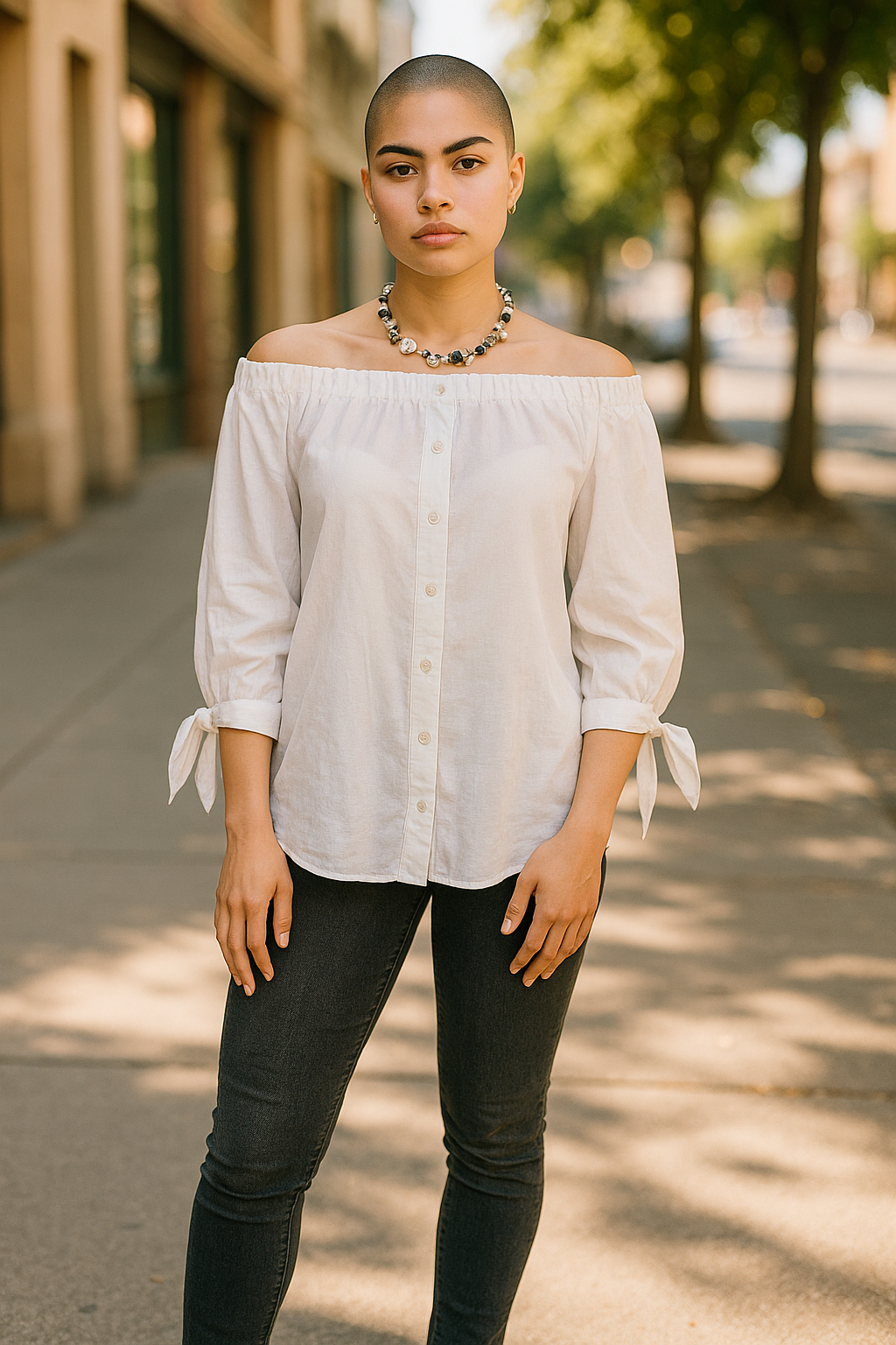 Women’s White Off Shoulder Blouse – Long Sleeve Tie Detail Top (UK 12)