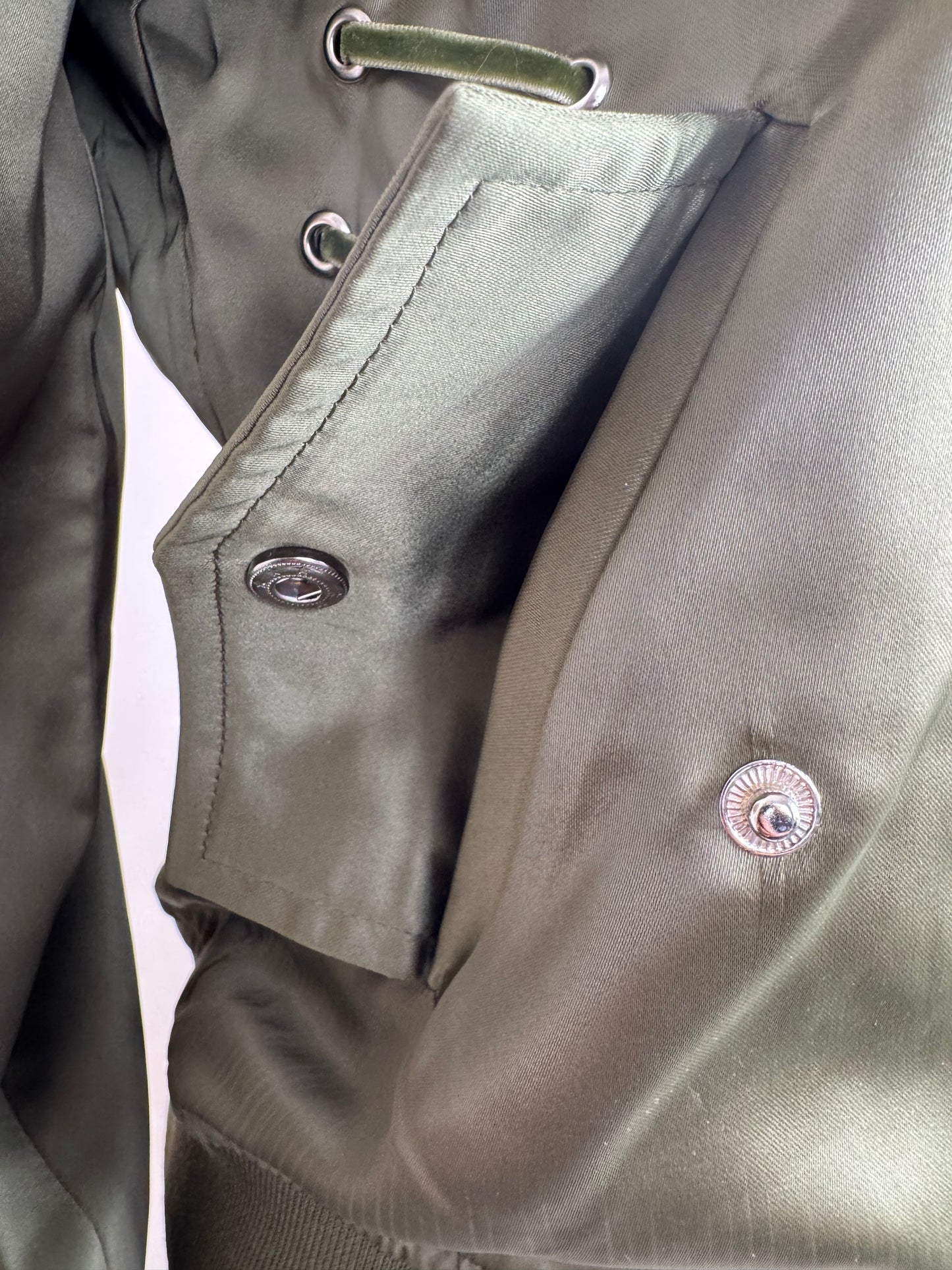 Women’s Bomber Jacket with Safety Pin Detail – Gold UK 10 / Khaki Green UK 8– Boutique Outerwear