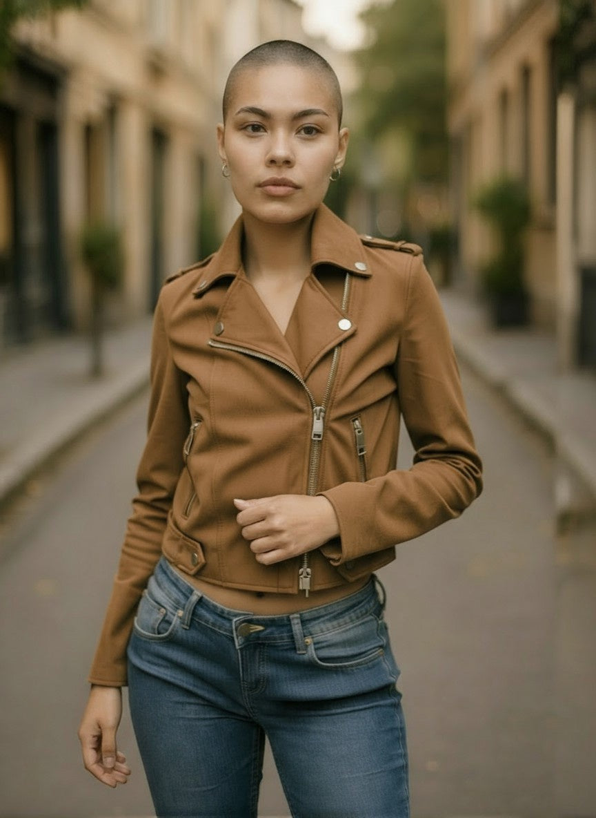 River Island Faux Suede Biker Jacket – Camel Brown, Size 10, Zip Detail