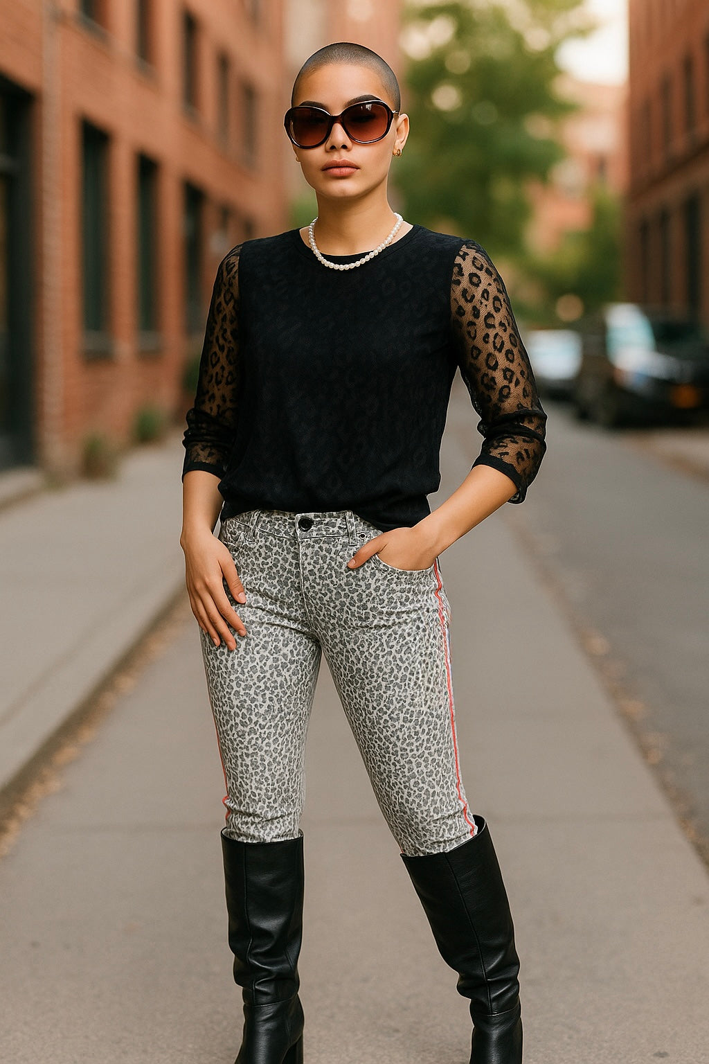 Women’s Skinny Jeans – UK 8 Leopard Print with Side Stripe