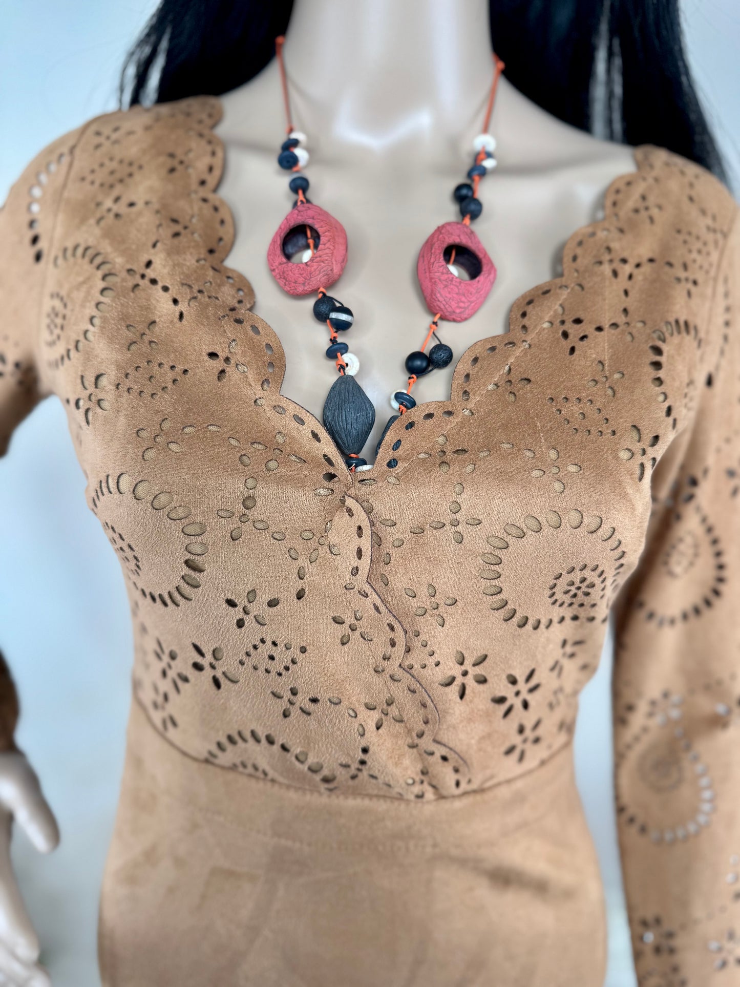 Women's Brown Suede Look Mini Dress – Laser Cut Long Sleeve Bodycon, Size S UK 8