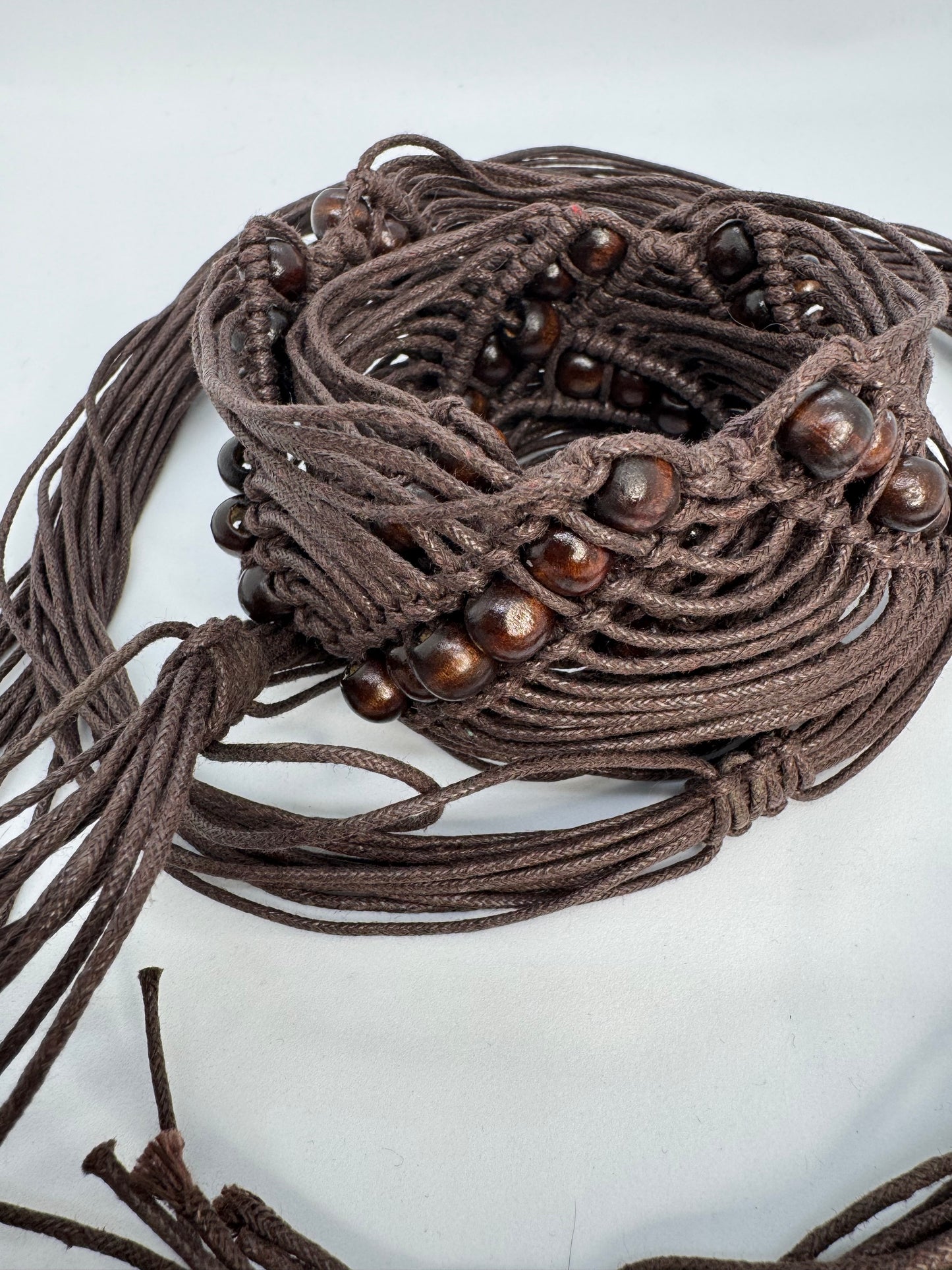 Women’s Brown Beaded Macramé Tie Waist Belt – One Size Boho
