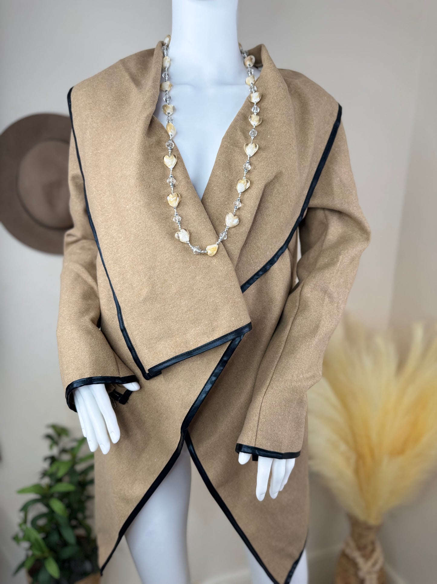 Women’s Camel Wrap Coat with Black Trim – Size L / UK