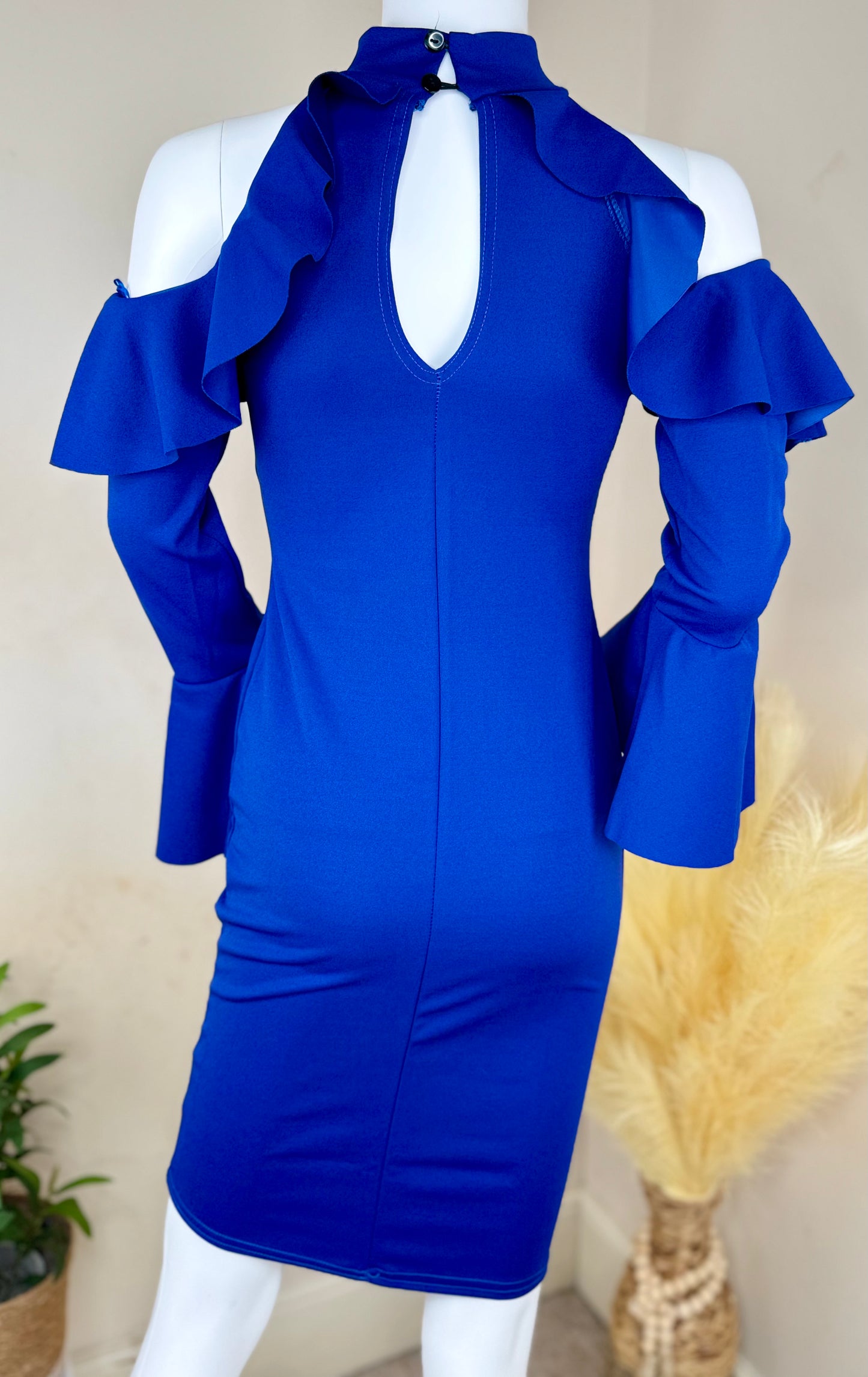 Blue Bodycon Dress – Cold Shoulder, Frill Sleeves – Size 8 & 10