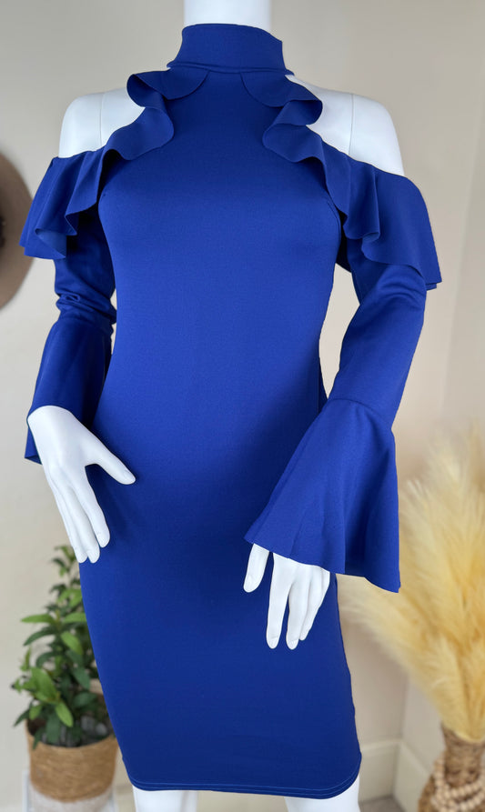 Blue Bodycon Dress – Cold Shoulder, Frill Sleeves – Size 8 & 10