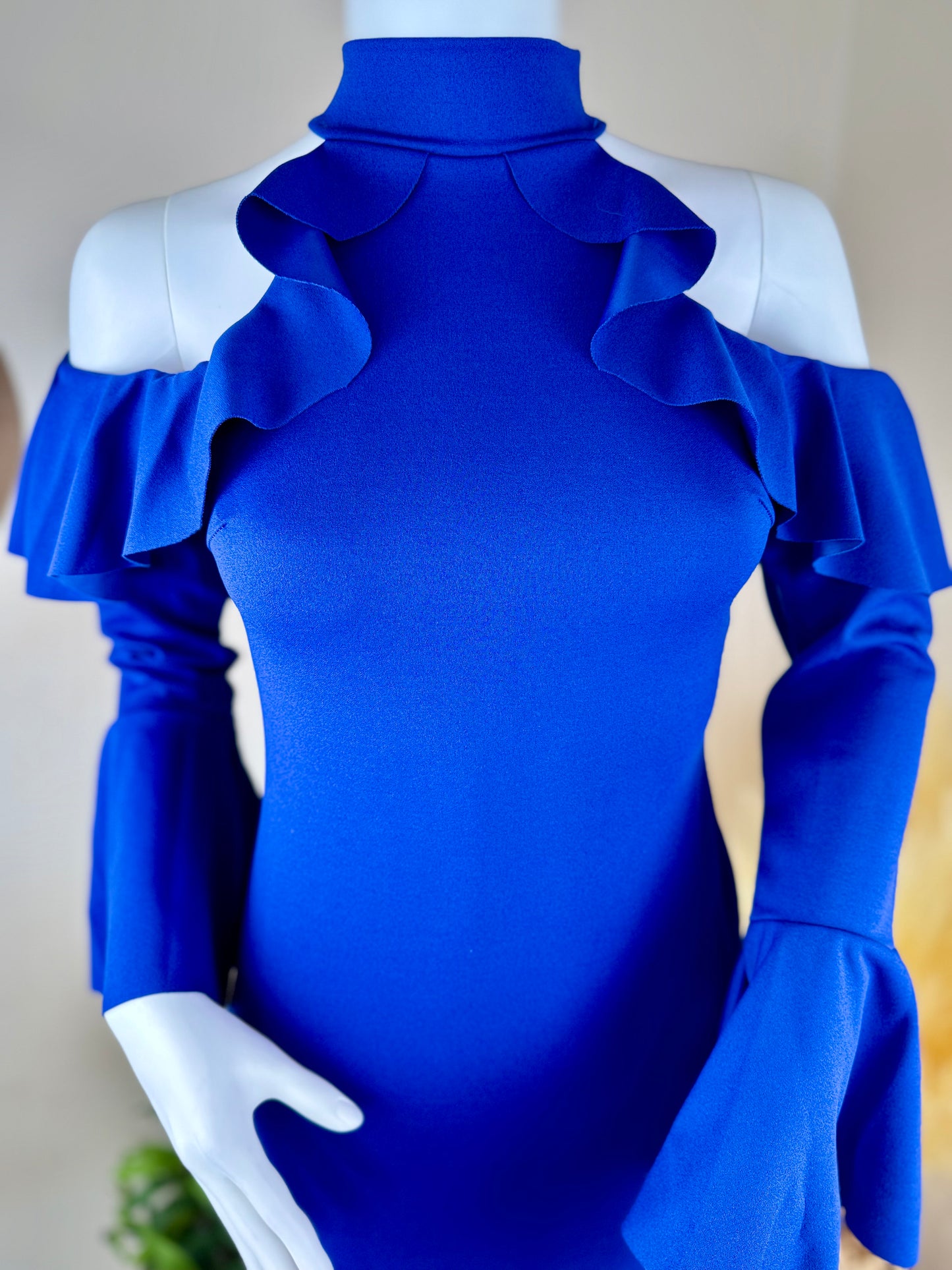 Blue Bodycon Dress – Cold Shoulder, Frill Sleeves – Size 8 & 10