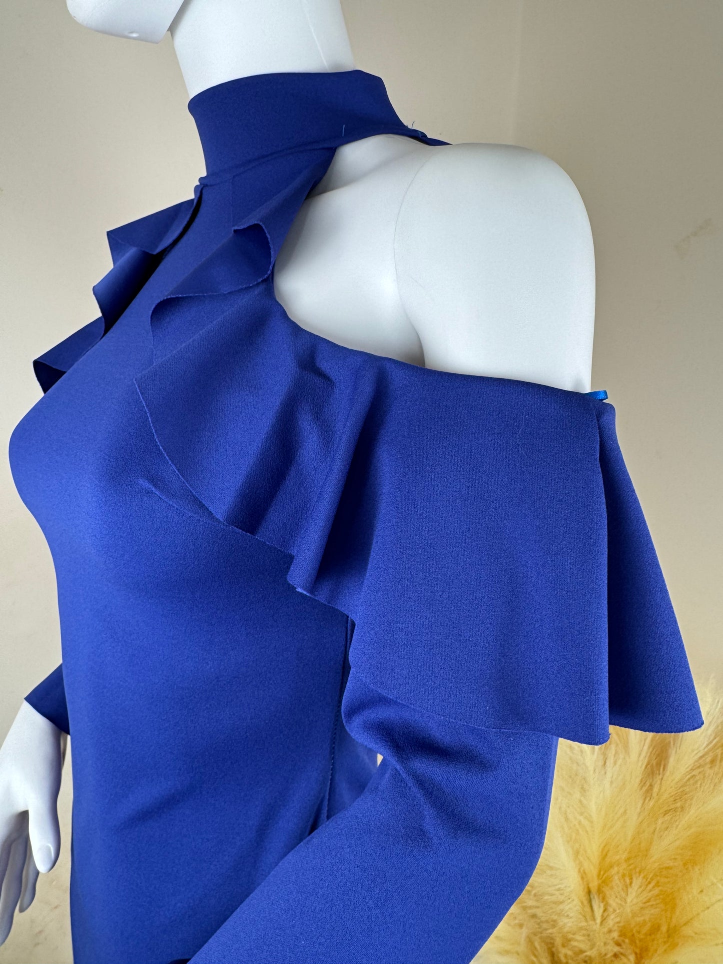 Blue Bodycon Dress – Cold Shoulder, Frill Sleeves – Size 8 & 10