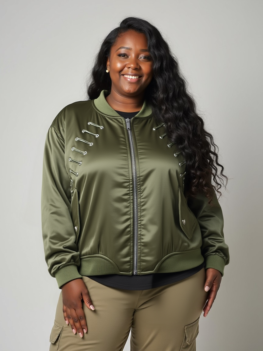 Women’s Bomber Jacket with Safety Pin Detail – Khaki Green UK 8 / Gold Satin UK 10