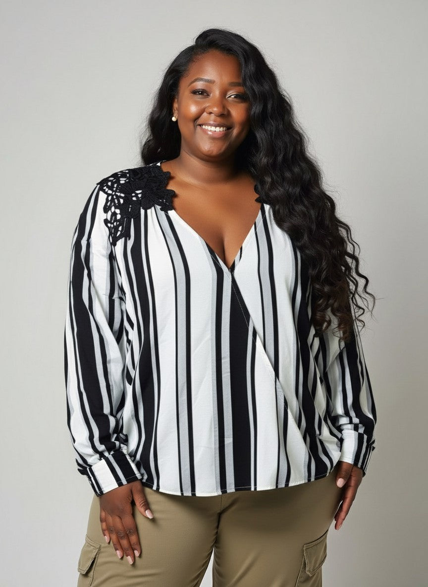 Women’s Black & White Striped Blouse – Long Sleeve V-Neck Lace Shoulder Top UK 10 & 14