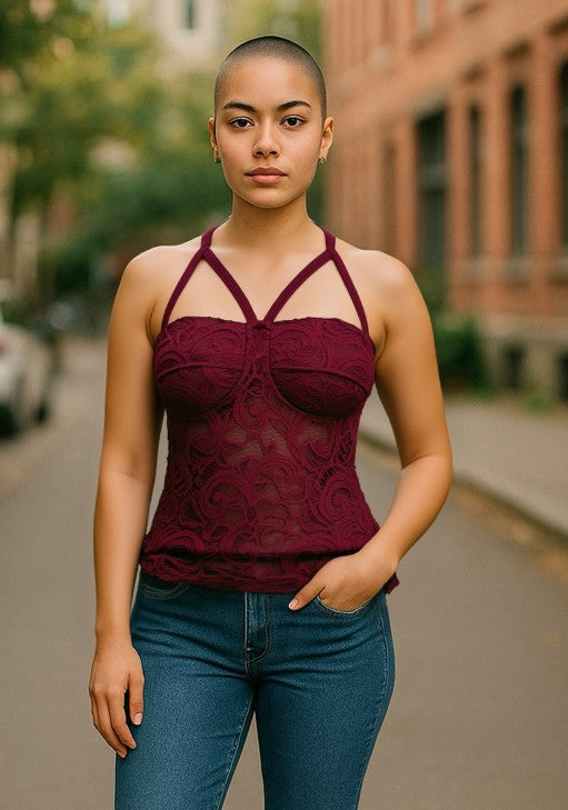 Women’s  Lace Cami Top – Strappy Evening Top UK Sizes ( 8/10), Burgundy